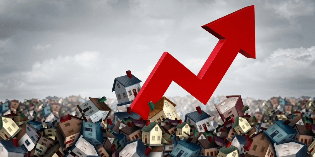 Graphical representation of rising real estate market trends among clustered houses