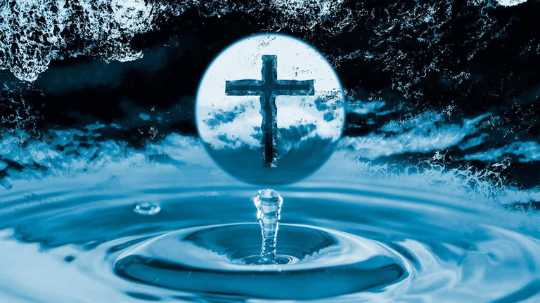 Symbolizing spiritual transformation and divine purpose through faith, represented by the cross in water.