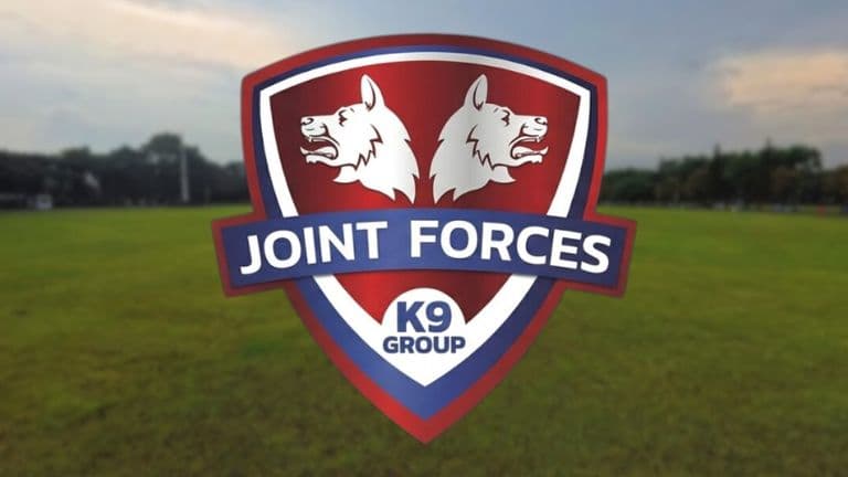 Joint Forces K9 Group logo over grassy field promoting professional dog training and boarding services in Northwest Arkansas.