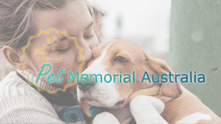 A woman lovingly kisses a dog with the Pet Memorial Australia logo.