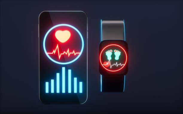 Cartoon mobile phone and fitness wristband, 3d rendering. 3d illustration.