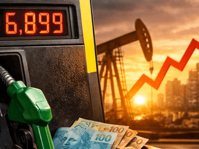 Fuel pump with high price, stacked cash, and an upward trending graph in background