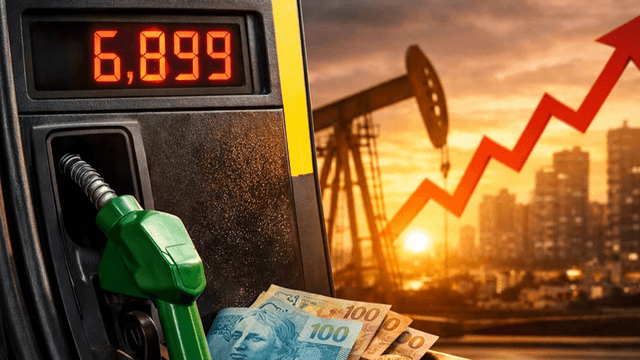 Fuel pump with high price, stacked cash, and an upward trending graph in background