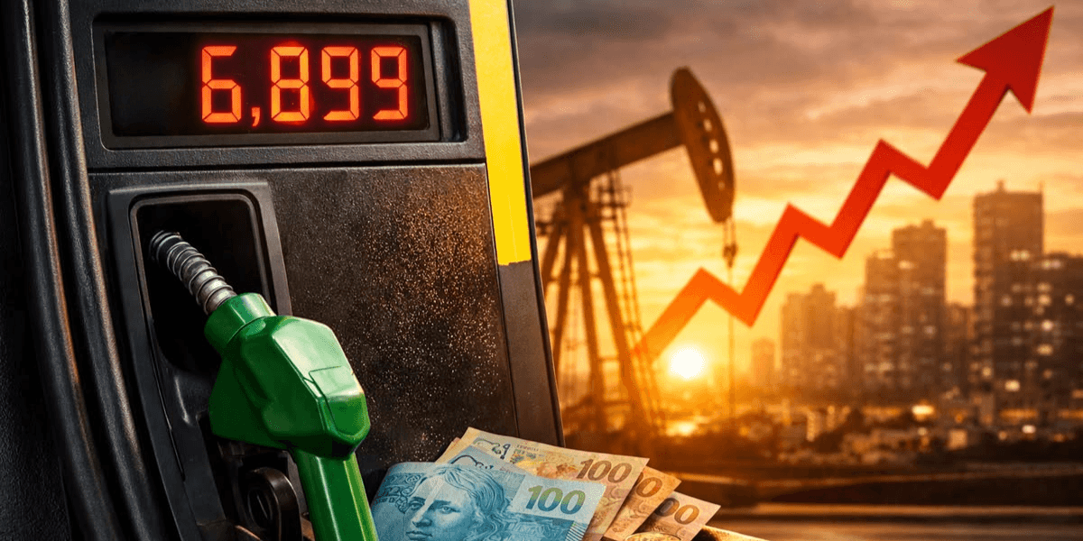 Fuel pump with high price, stacked cash, and an upward trending graph in background