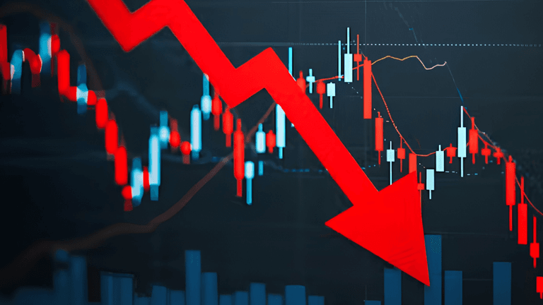 Stock market chart displaying a downward trend with a prominent red arrow