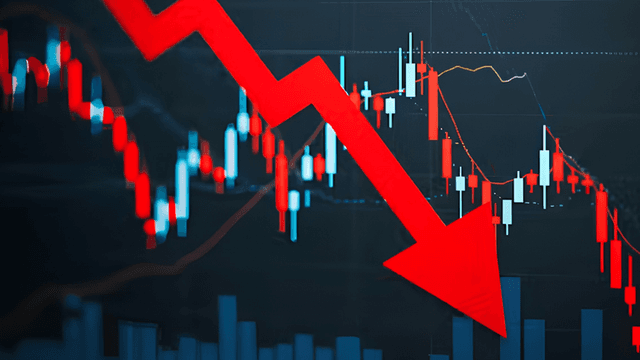 Stock market chart displaying a downward trend with a prominent red arrow
