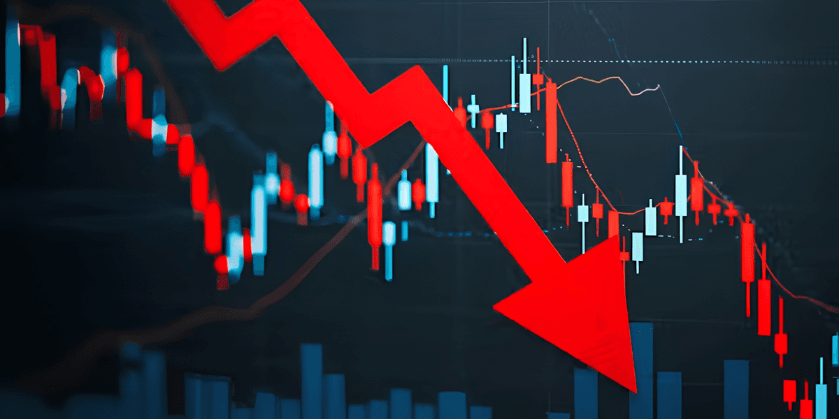 Stock market chart displaying a downward trend with a prominent red arrow