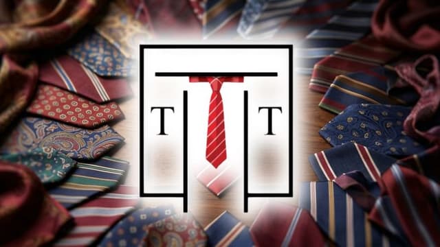 Talisman Tie logo surrounded by handmade silk neckties in assorted colors and patterns.
