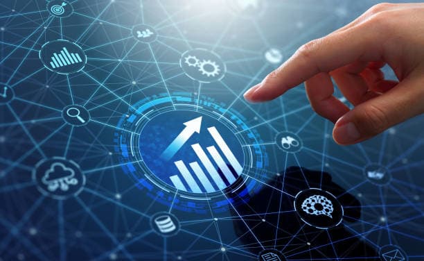Analyst touching growth graph and arrow icon on network structure.
