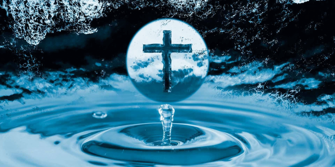 Symbolizing spiritual transformation and divine purpose through faith, represented by the cross in water.