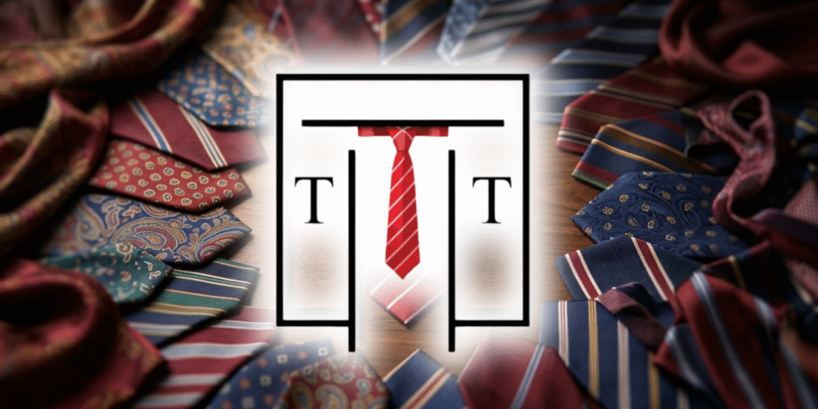 Talisman Tie logo surrounded by handmade silk neckties in assorted colors and patterns.
